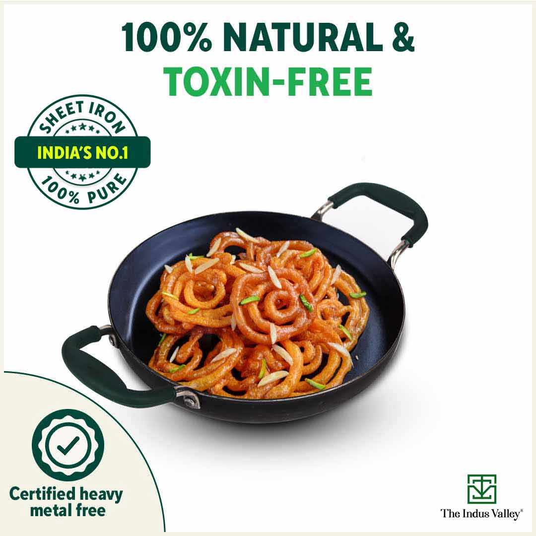 100% Pure Sheet Iron Kadai/ Jalebi/ Paella Pan, Silicone Cool Handles, Seasoned, Toxin-free, Induction, 25.4cm, 1.4L