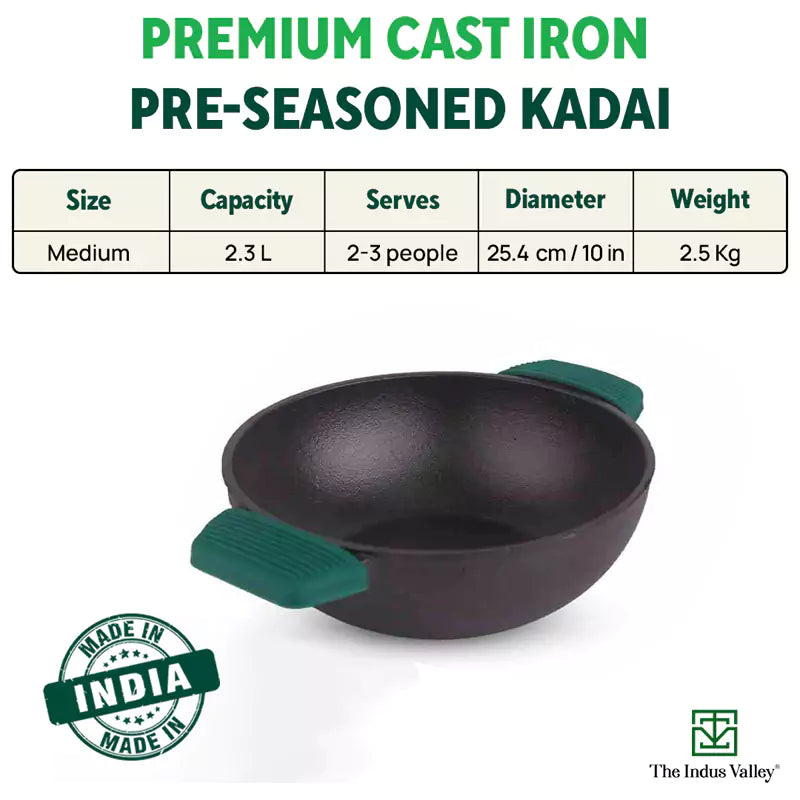 Cast Iron Kadai, Seasoned, Nonstick, 100% Pure, Toxin-free, Induction, 25.4 cm, 2.3 L, 2.5kg