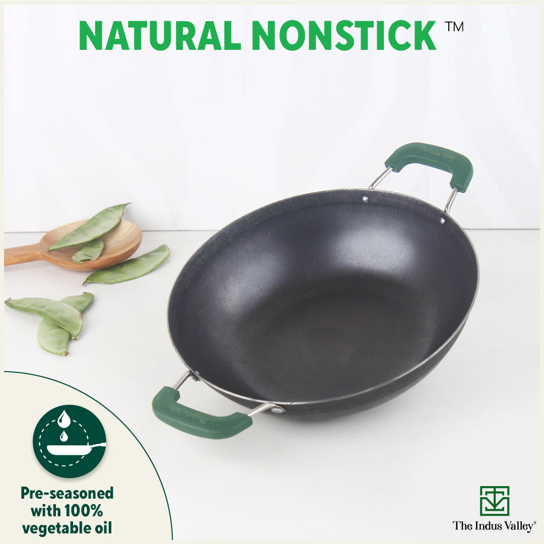 100% Pure Sheet Iron Kadai with Silicon Handle, Seasoned, Toxin-free