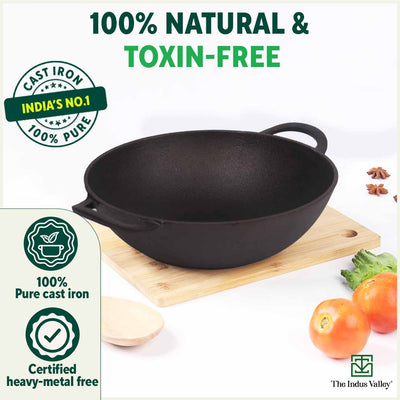 CASTrong Cast Iron Kadai, Pre-seasoned, Nonstick, 100% Pure, Toxin-free, 27cm, 2.5L, 2.5kg