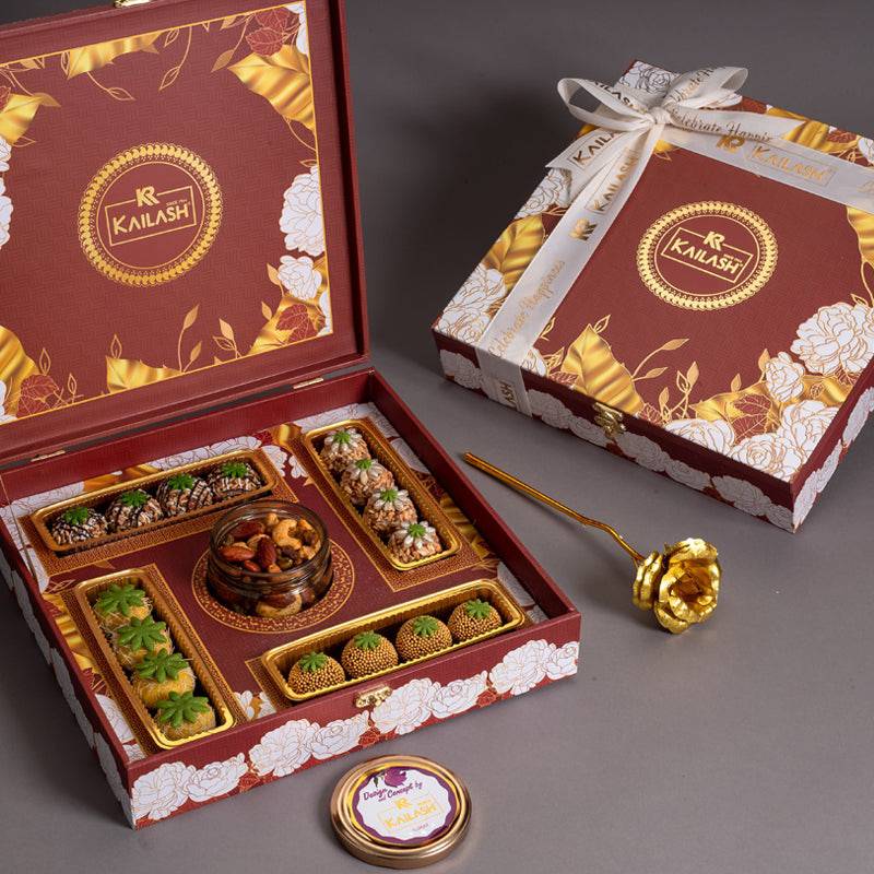 Kailash Sweets & Snacks Premium Red Sweets & Nuts Box – Himkhand