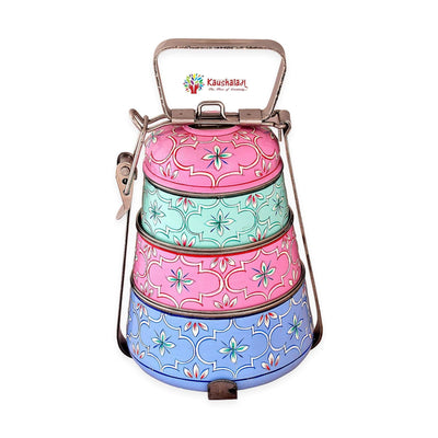 Hand Painted Steel Pyramid Lunch Box Multi Color 3 tier tiffin