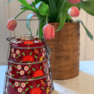 Hand Painted Steel Pyramid Lunch Box Multi Color 3 tier tiffin