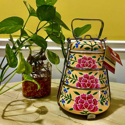 Hand Painted Steel Pyramid Lunch Box Multi Color 3 tier tiffin