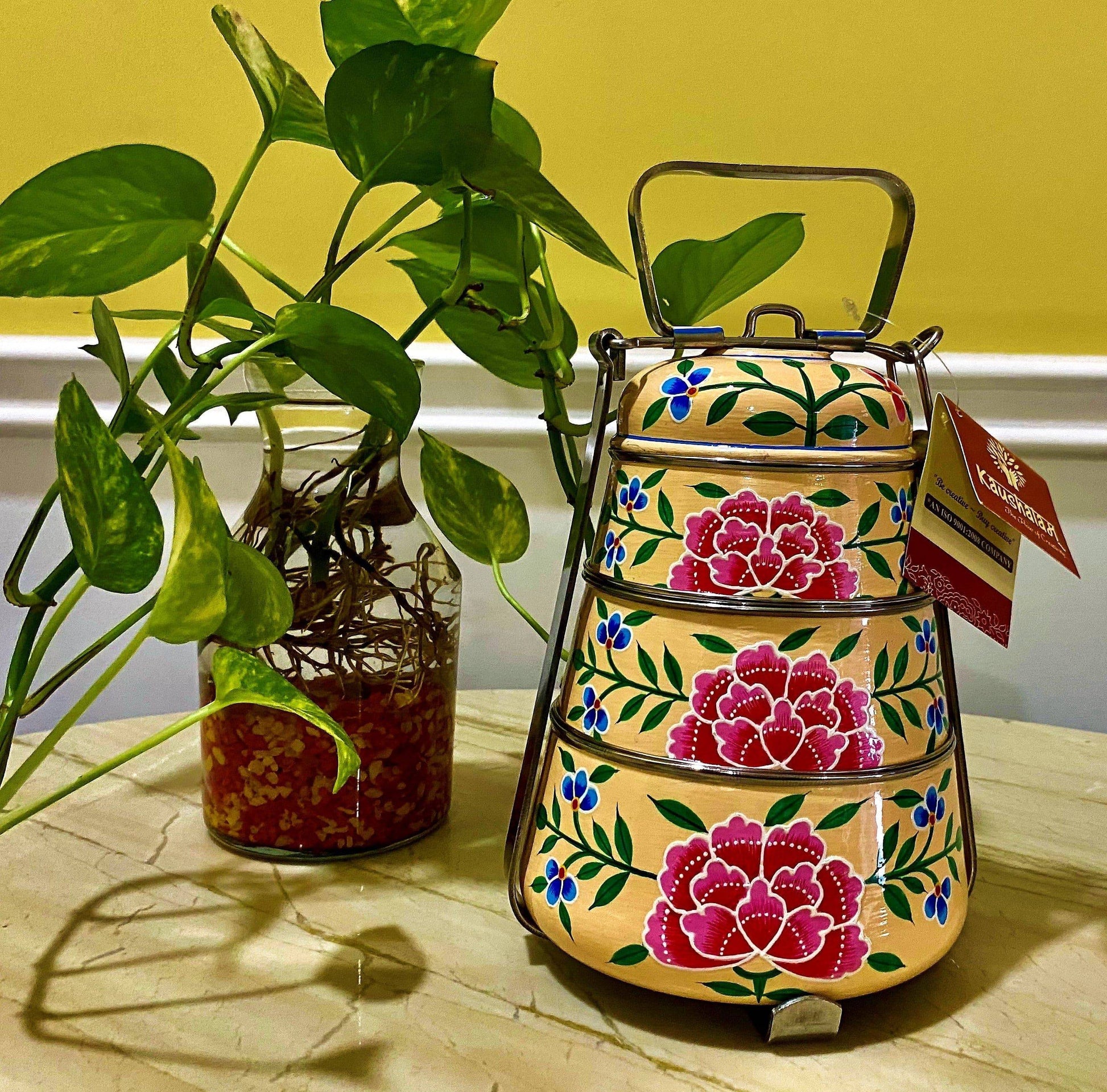 Hand Painted Steel Pyramid Lunch Box Multi Color 3 tier tiffin