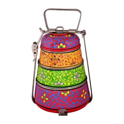 Hand Painted Steel Pyramid Lunch Box Multi Color 3 tier tiffin