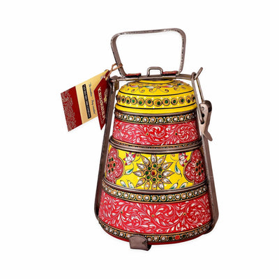 Hand Painted Steel Pyramid Lunch Box Multi Color 3 tier tiffin