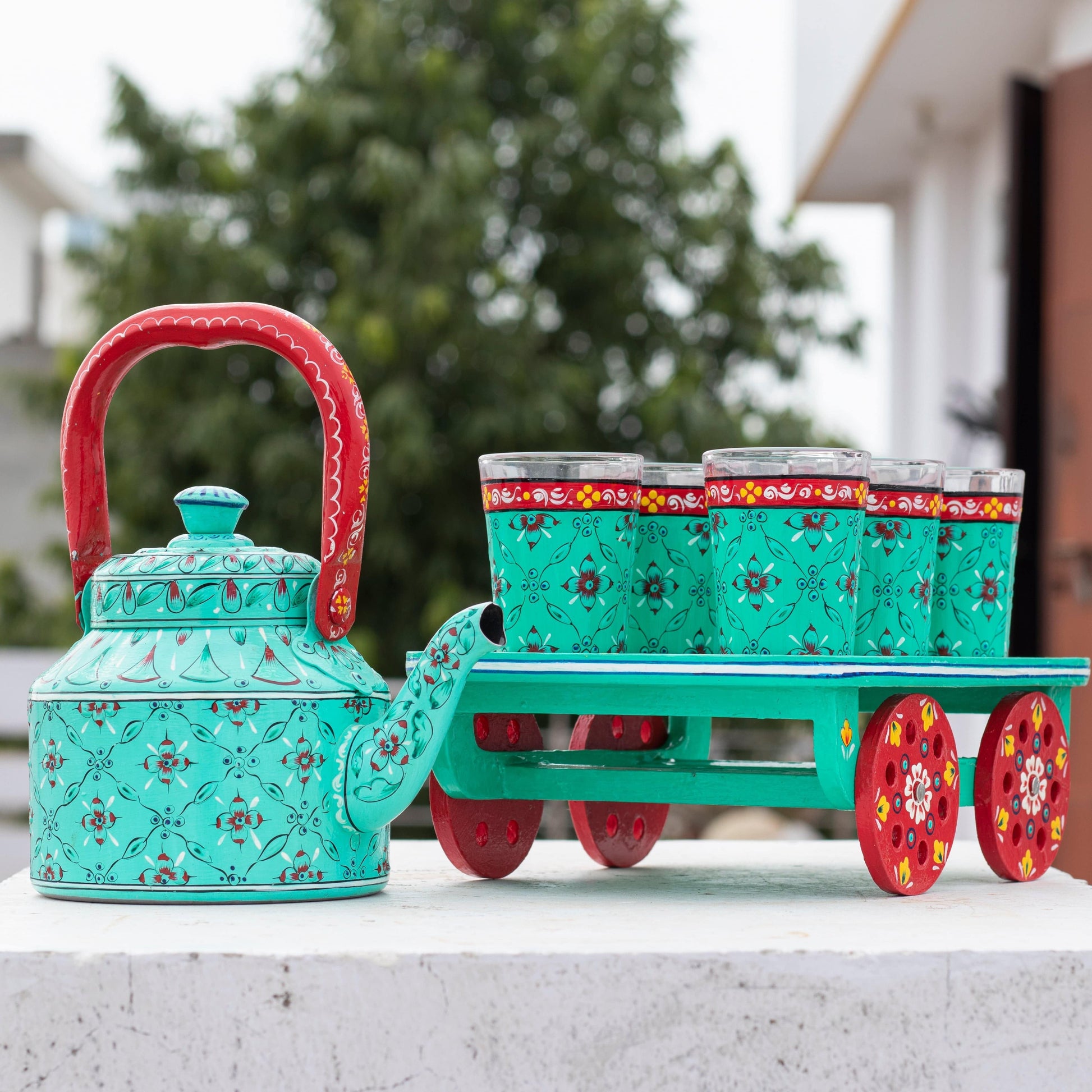 Hand painted Tea set with tea trolley Multi design