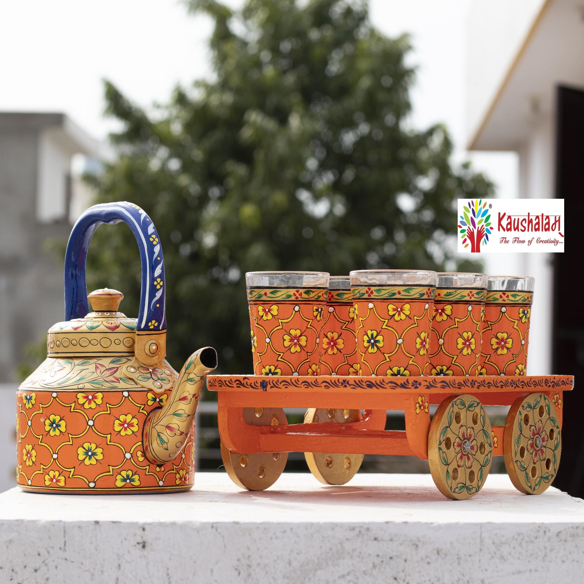 Hand painted Tea set with tea trolley Multi design