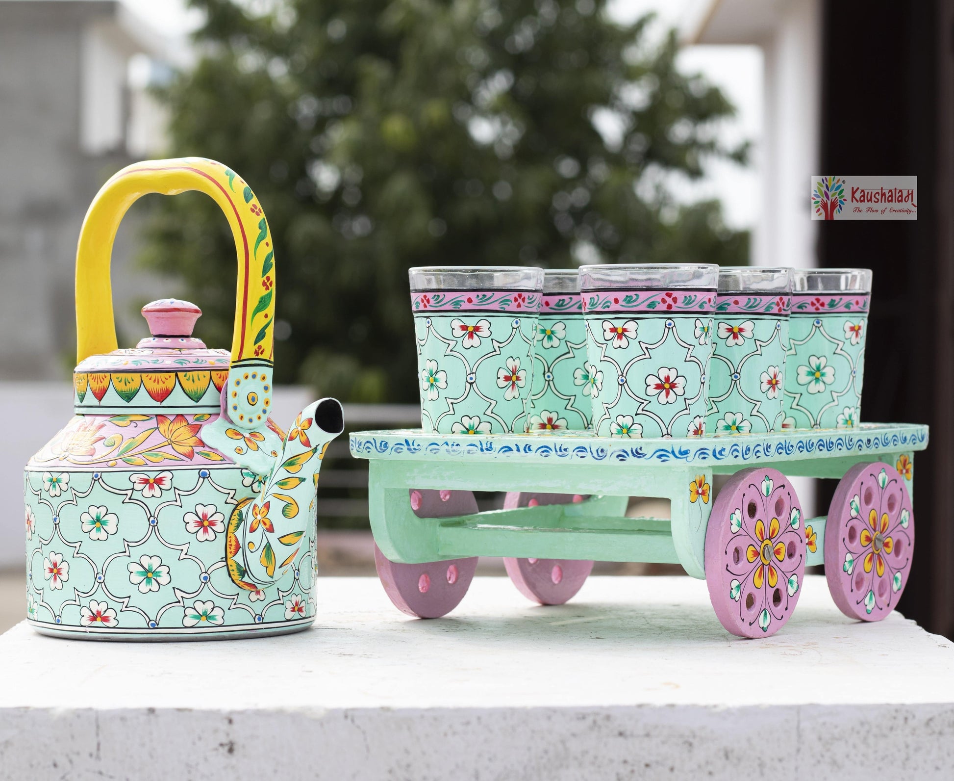 Hand painted Tea set with tea trolley Multi design
