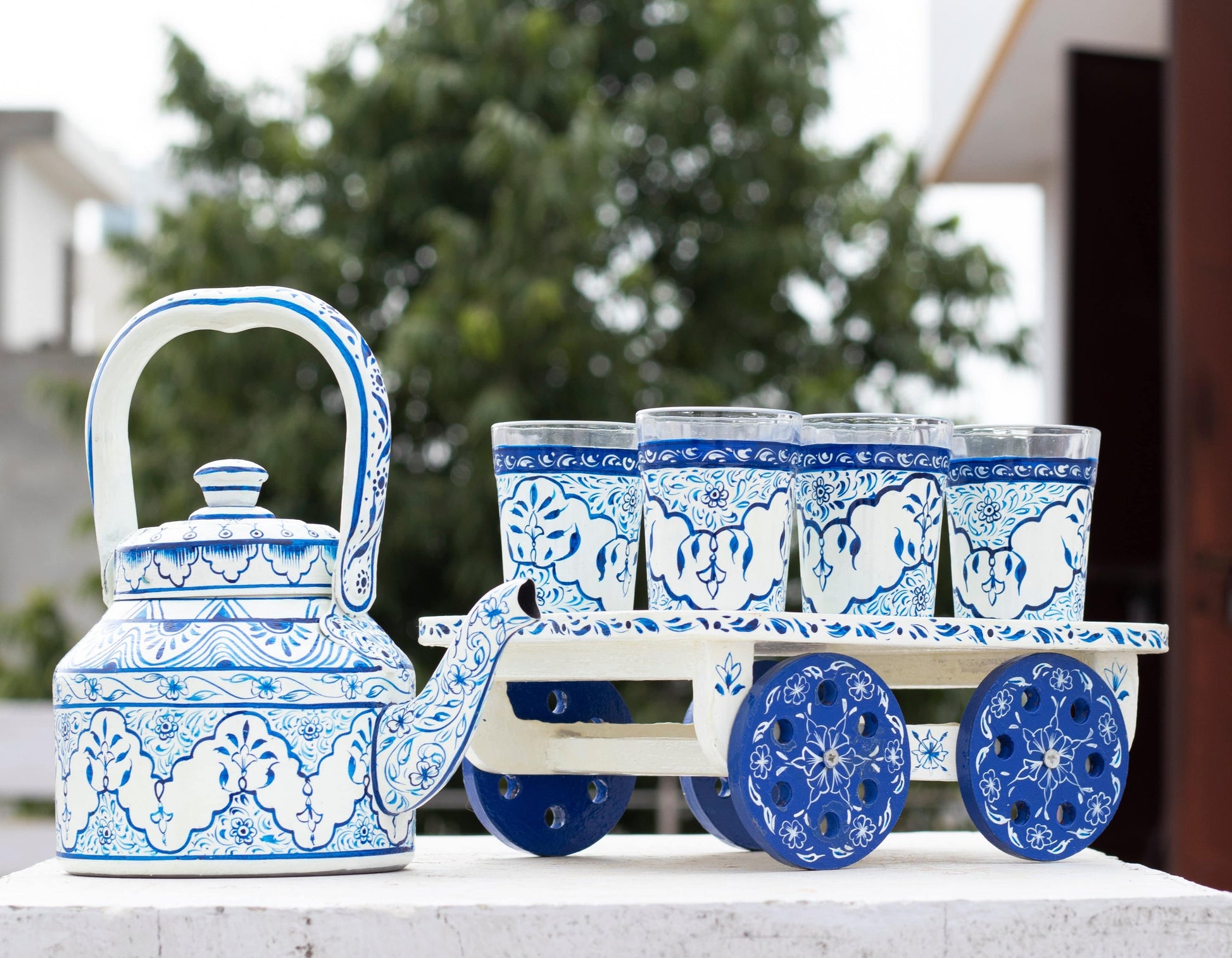 Hand painted Tea set with tea trolley Multi design