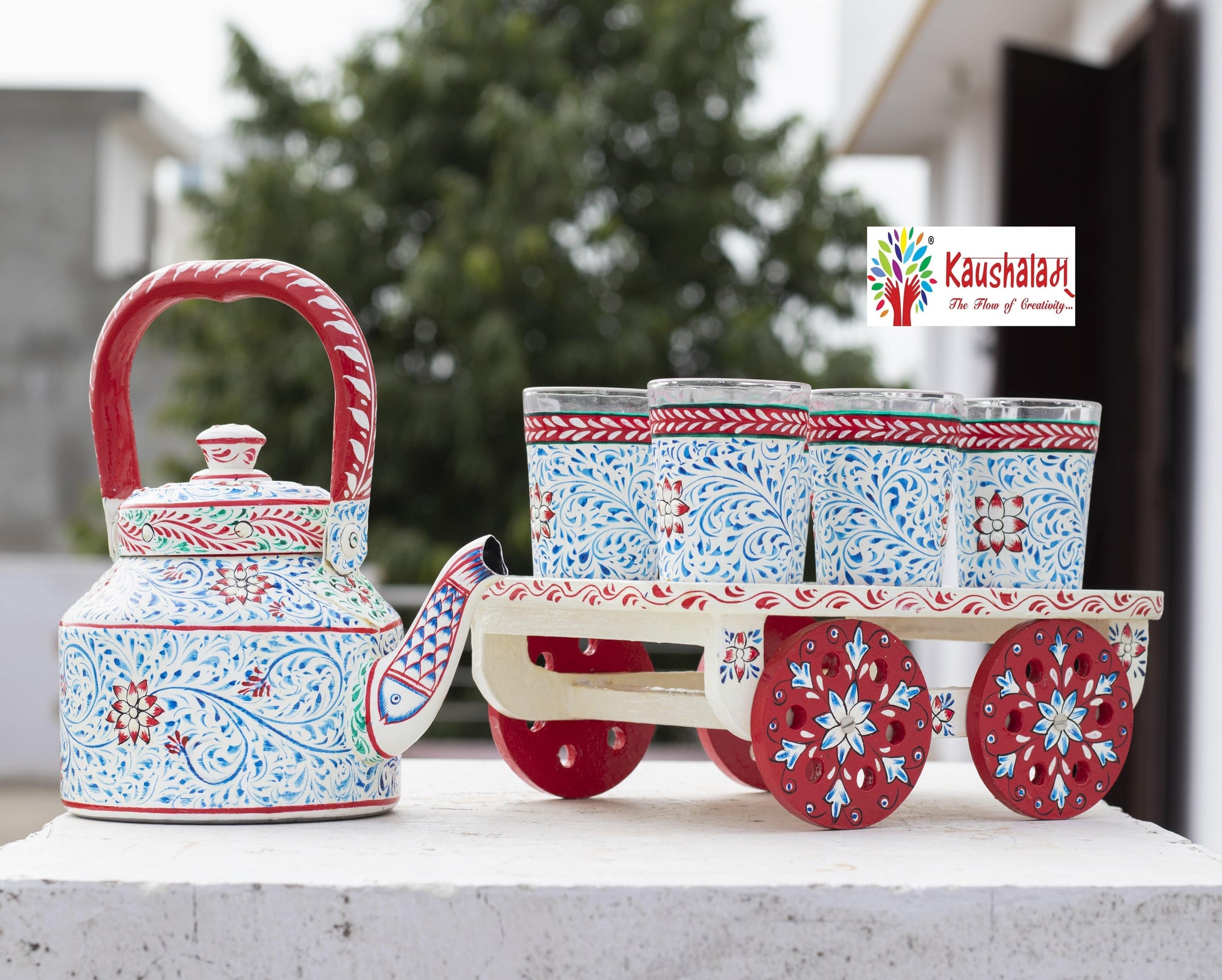 Hand painted Tea set with tea trolley Multi design