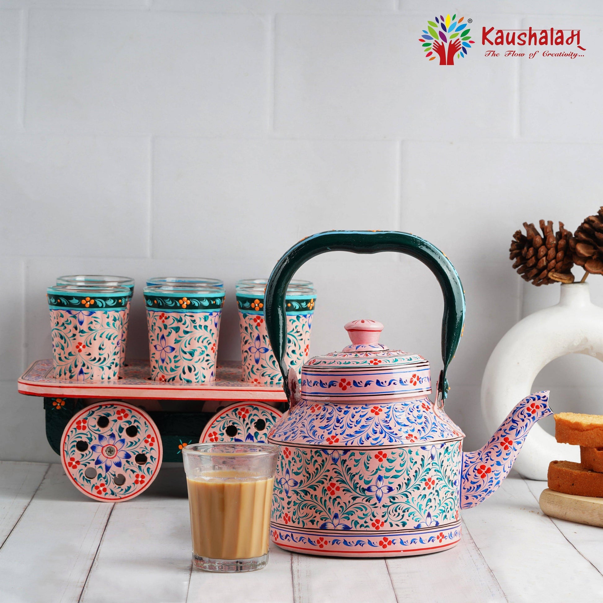Hand painted Tea set with tea trolley Multi design