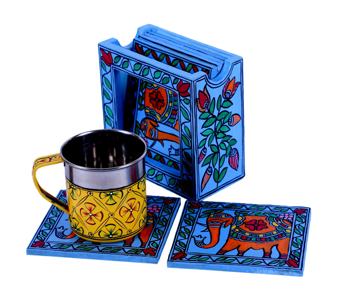 Hand Painted Madhubani Coasters set of 6 with holder - Classy Collection