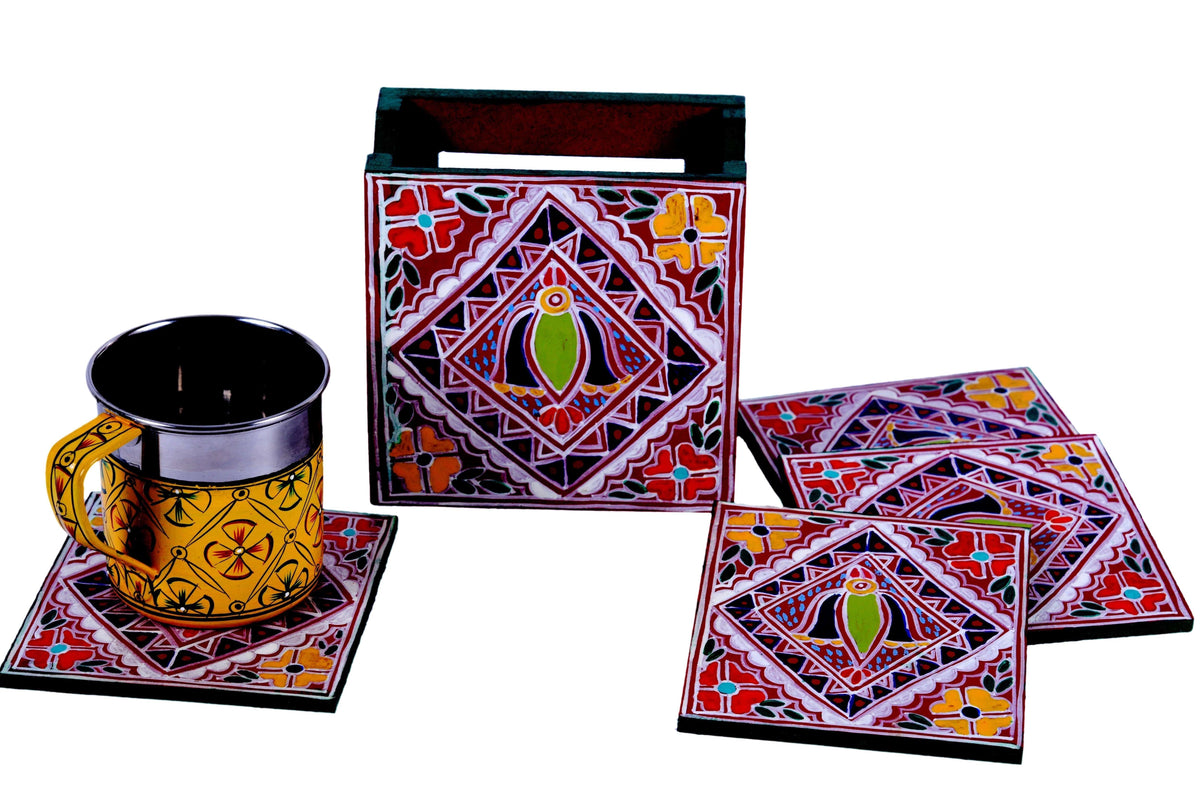 Hand Painted Madhubani Coasters set of 6 with holder - Classy Collection