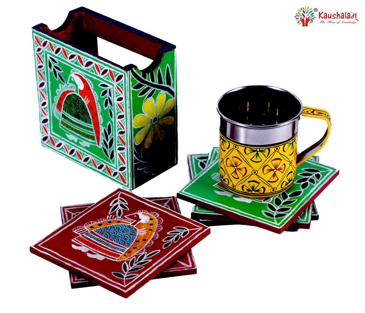 Hand Painted Madhubani Coasters set of 6 with holder - Classy Collection