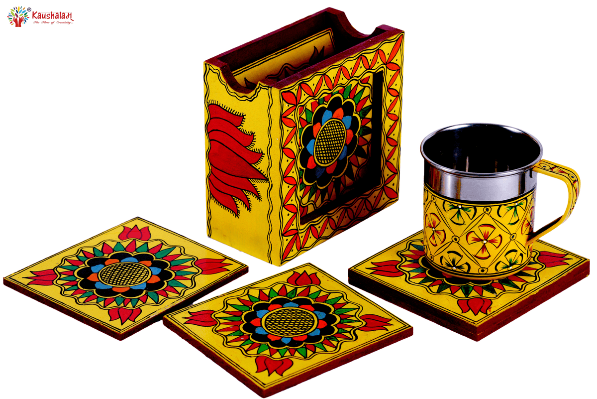 Hand Painted Madhubani Coasters set of 6 with holder - Classy Collection