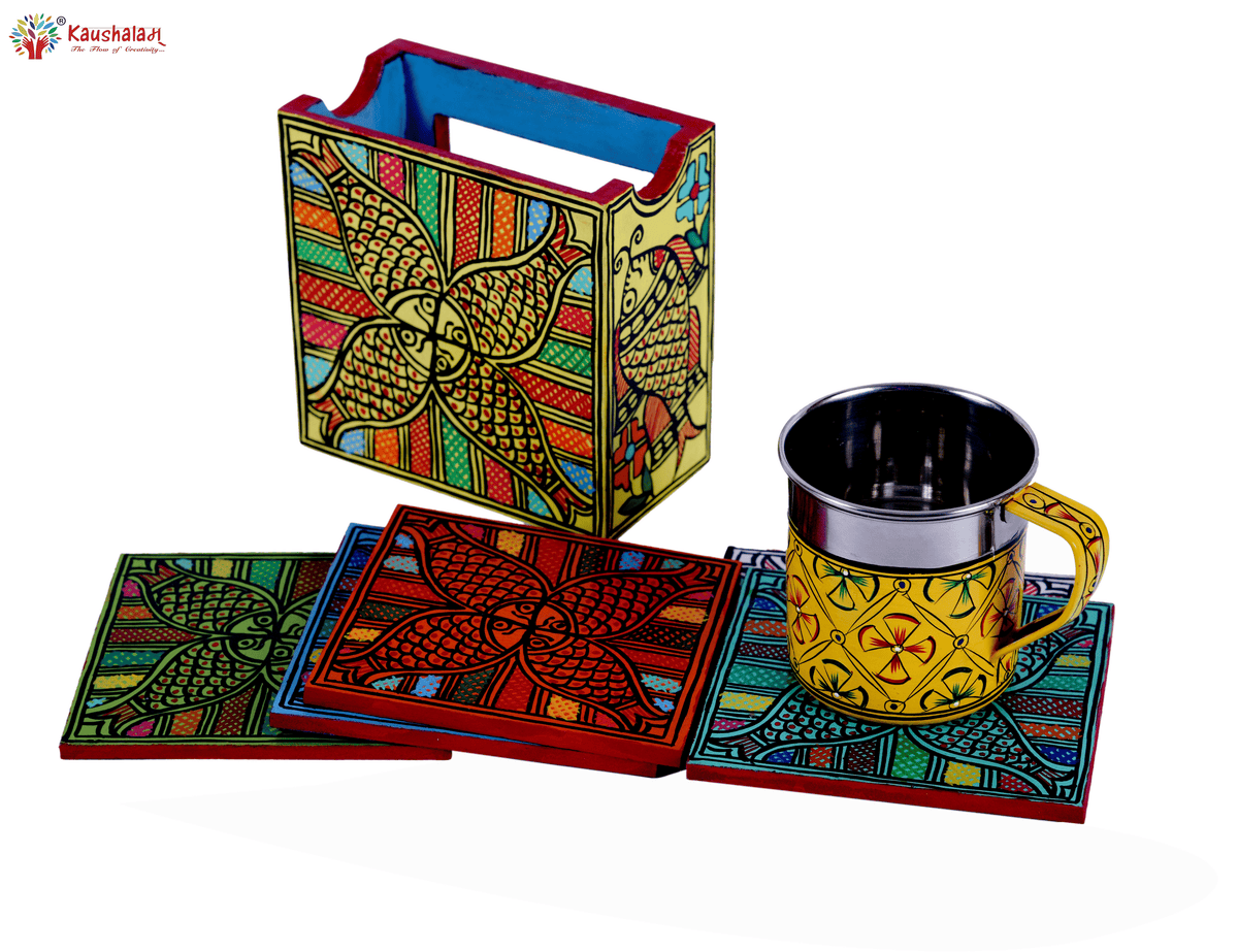 Hand Painted Madhubani Coasters set of 6 with holder - Classy Collection