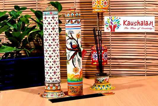 Hand Painted Incense Stick Burner & Holder Set of 2 - Elegant White Peacock