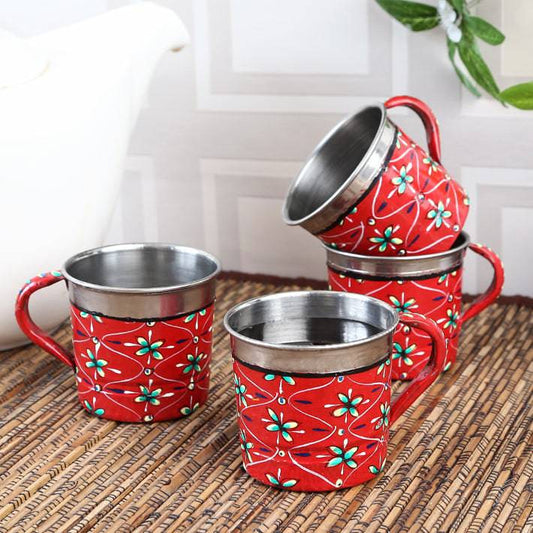 Hand Painted Tea Cups Set of 4: Mughal Red