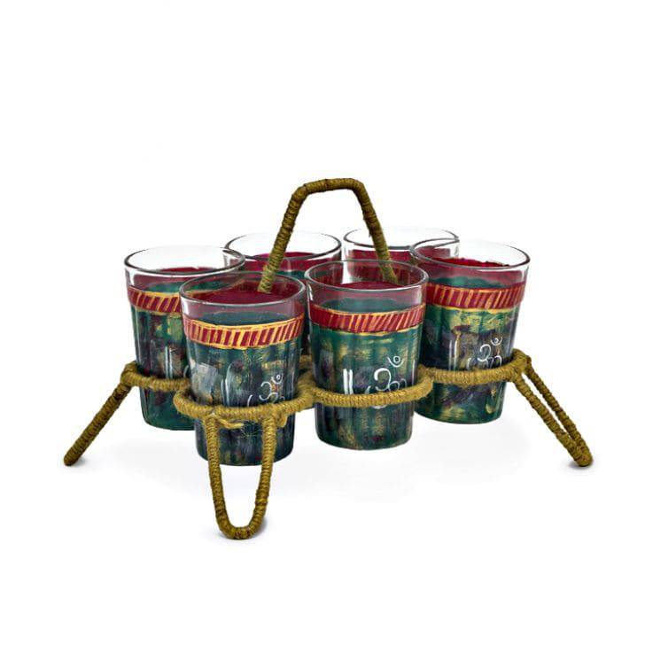 Hand Painted tea glass set of six with stand: Antiqua Green