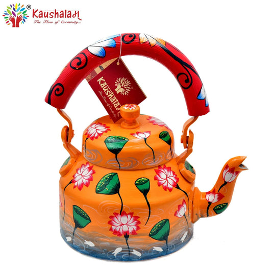 Hand Painted Tea Kettle :  Orange Floral Painted