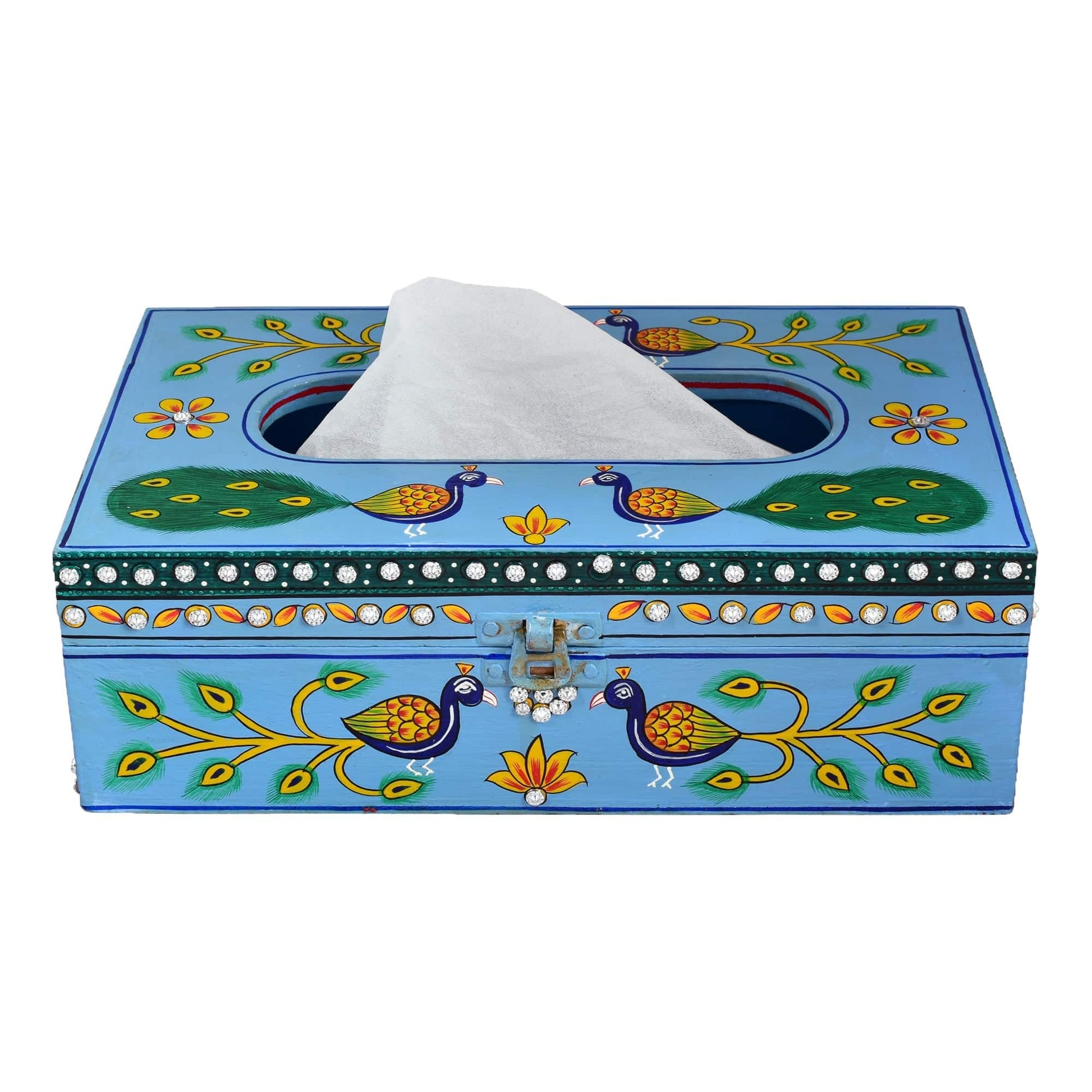 Hand Painted Wooden Tissue Box - Peacock Mughal Art