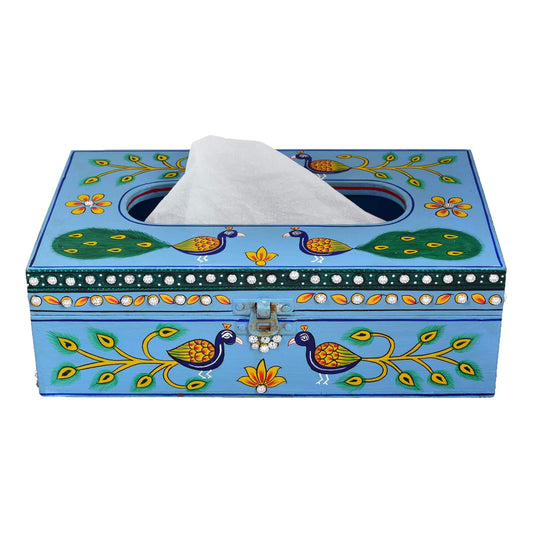 Hand Painted Wooden Tissue Box - Peacock Mughal Art