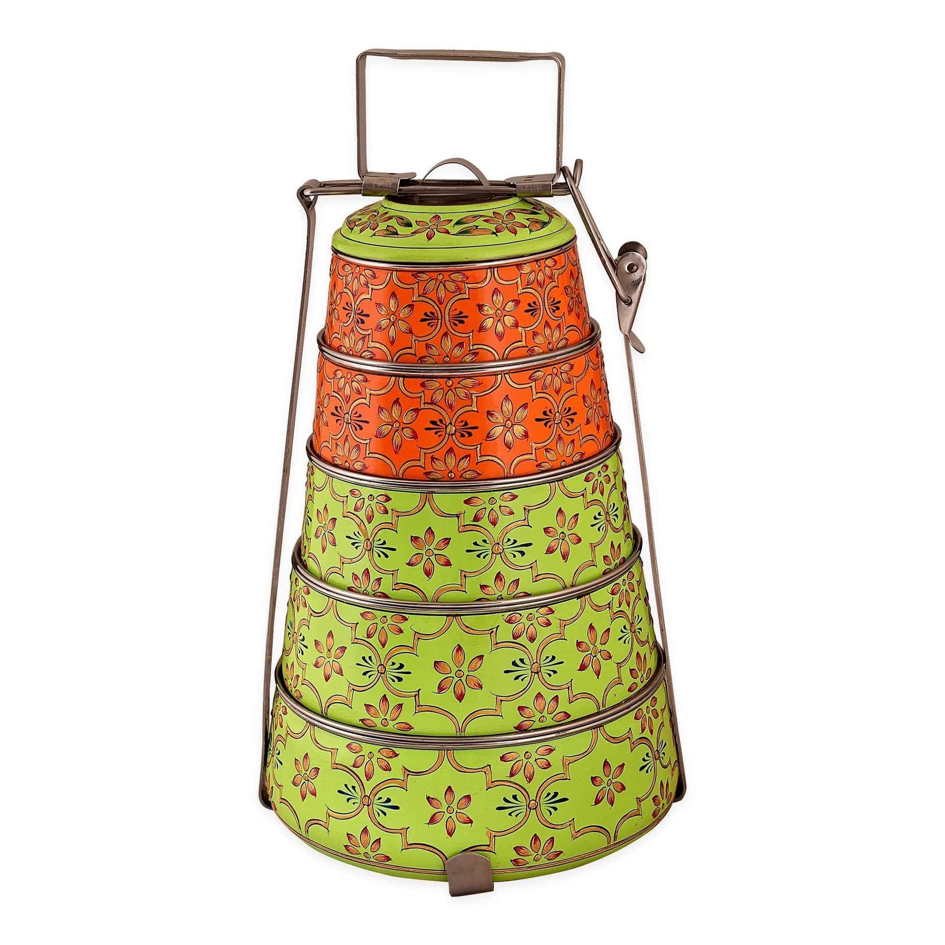 Kaushalam hand painted 5 tier steel pyramid tiffin, Lunch box, Meal for family, Picnic box, large Bento box, Christmas gift, reusable tiffin