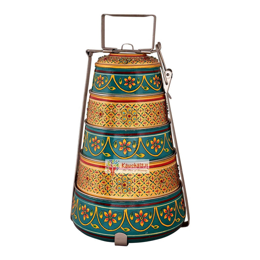 Kaushalam hand painted 5 tier steel pyramid tiffin, Lunch box, Meal for family, Picnic box, large Bento box, Christmas gift, reusable tiffin