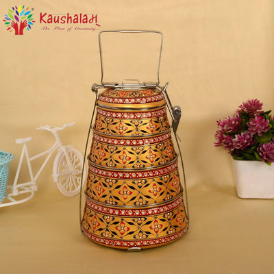 Kaushalam hand painted 4 tier steel pyramid tiffin
