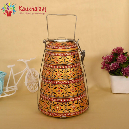 Kaushalam hand painted 4 tier steel pyramid tiffin
