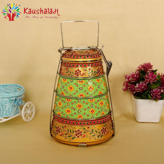 Kaushalam hand painted 4 tier steel pyramid tiffin