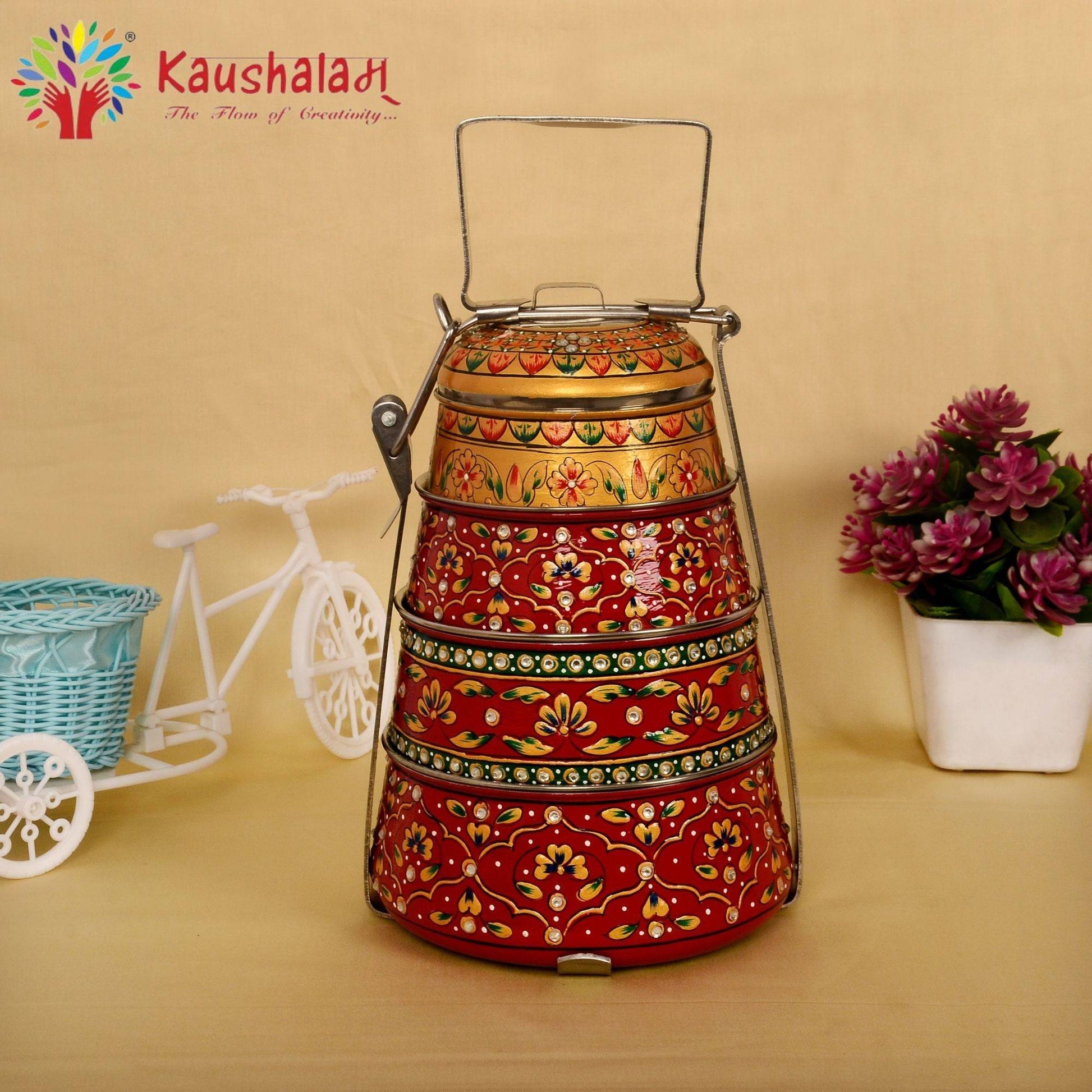 Kaushalam hand painted 4 tier steel pyramid tiffin