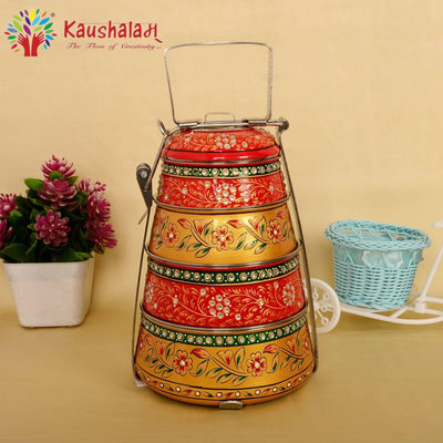 Kaushalam hand painted 4 tier steel pyramid tiffin
