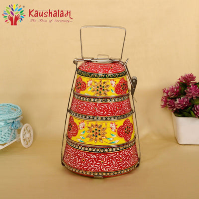 Kaushalam hand painted 4 tier steel pyramid tiffin