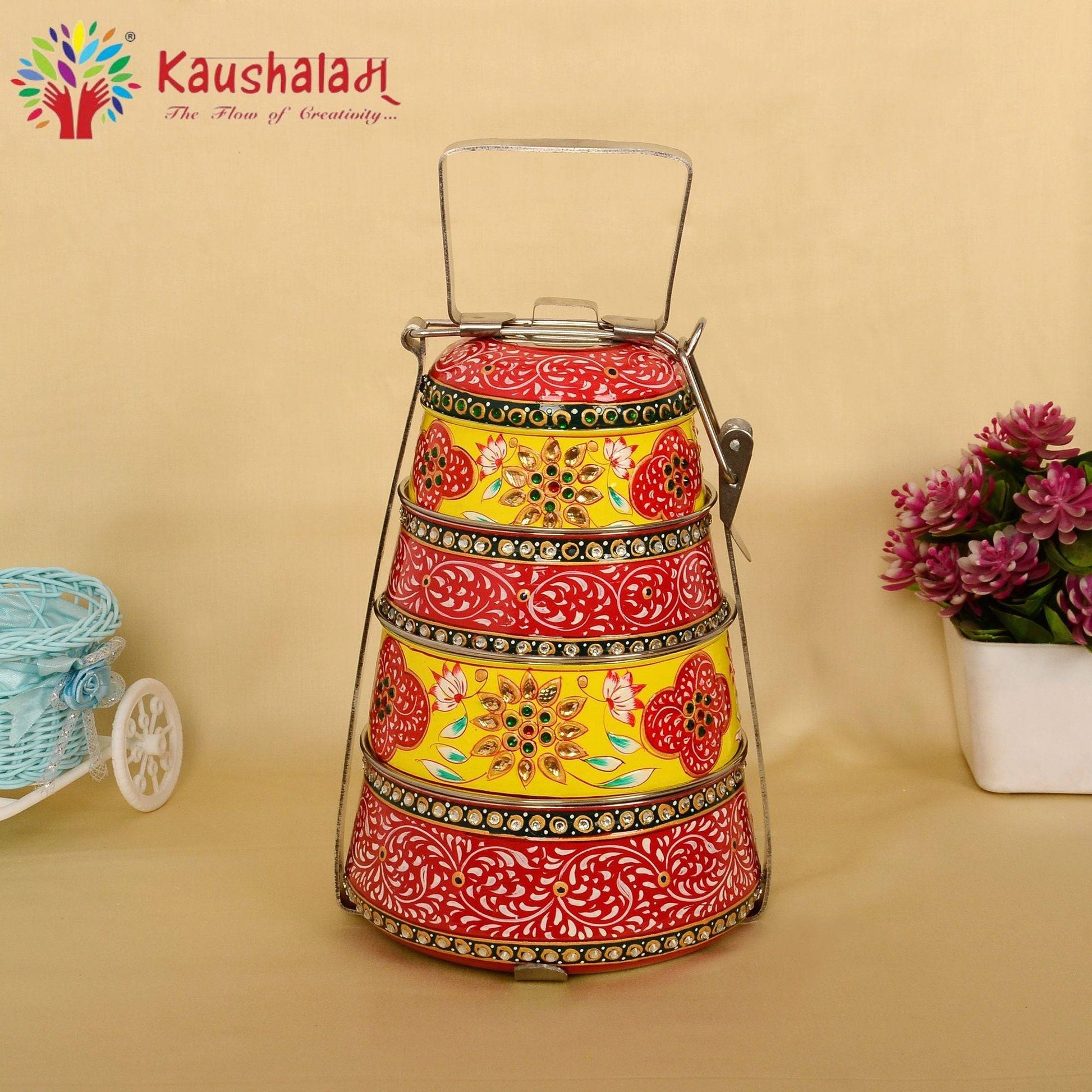 Kaushalam hand painted 4 tier steel pyramid tiffin