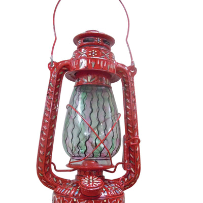 Hand Painted Hurricane Oil Lantern: Red