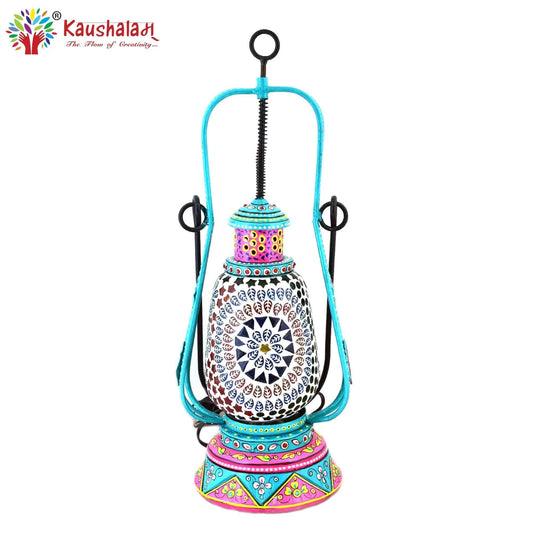 Hand Painted Lantern with Bulb : Ethnic Mosaic Bed Side Lamp - Elegant Collection