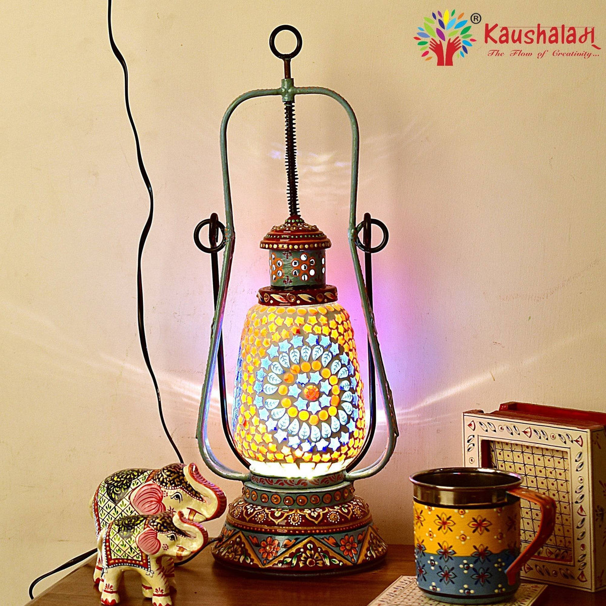 Hand Painted Lantern with Bulb : Ethnic Mosaic Bed Side Lamp - Elegant Collection