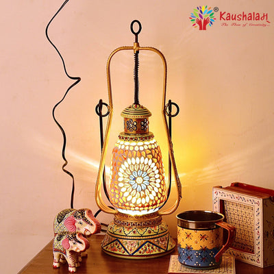 Hand Painted Lantern with Bulb : Ethnic Mosaic Bed Side Lamp - Elegant Collection