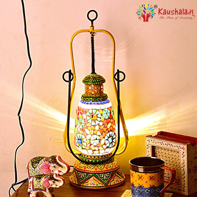 Hand Painted Lantern with Bulb : Ethnic Mosaic Bed Side Lamp - Elegant Collection