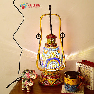 Hand Painted Lantern with Bulb : Ethnic Mosaic Bed Side Lamp - Elegant Collection