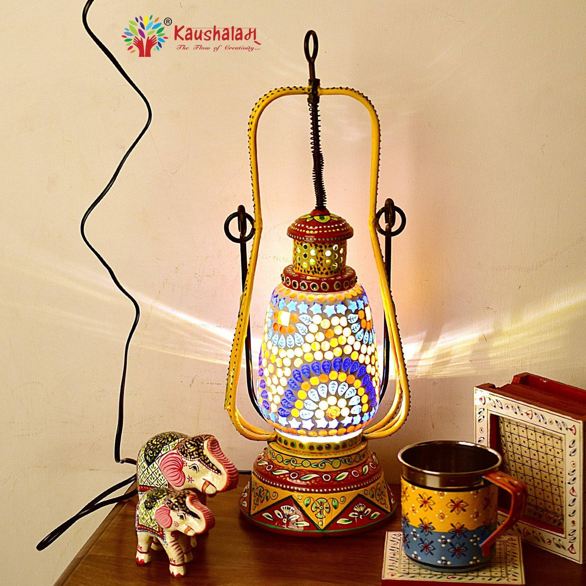 Hand Painted Lantern with Bulb : Ethnic Mosaic Bed Side Lamp - Elegant Collection
