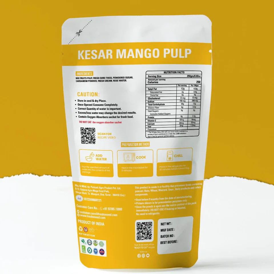 Fresh O Need Kesar Mango Pulp - Ready To Eat 300 gms
