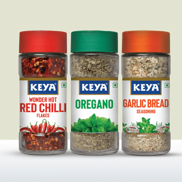 Keya Herb and Seasonings Combo Oregano 15g, Garlic Bread Seasoning 50g, Red Chilli Flakes 40g  Pack of 3, - 120 gms