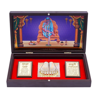 Golden Peacock Brown & Blue 24 CT Gold Foil Wooden Sri Sai Baba Pooja Box