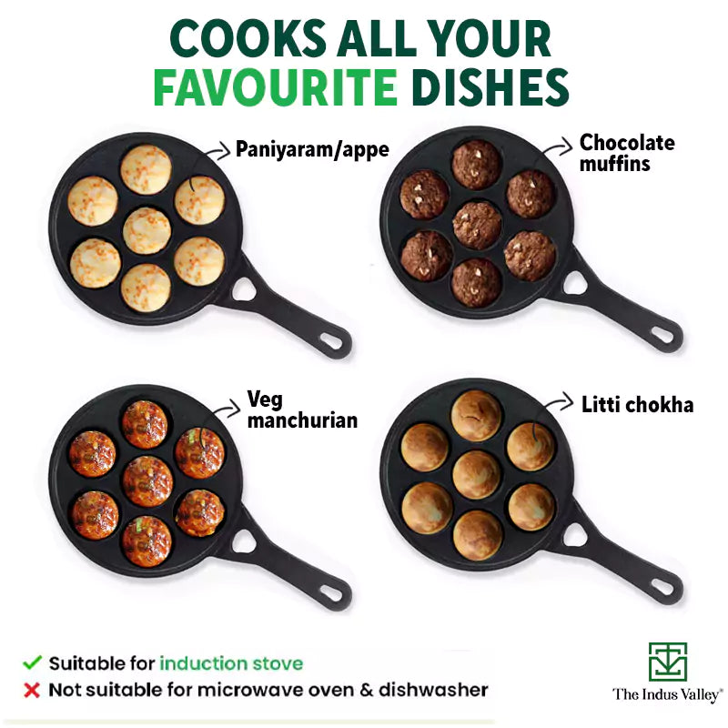 7 Pit/Cup CASTrong Cast Iron Paniyaram/Appe pan+ Free Spatula, Round, Long handle, Pre-seasoned, Nonstick, 100% Pure, Toxin-free, 21.5cm, 1.7kg