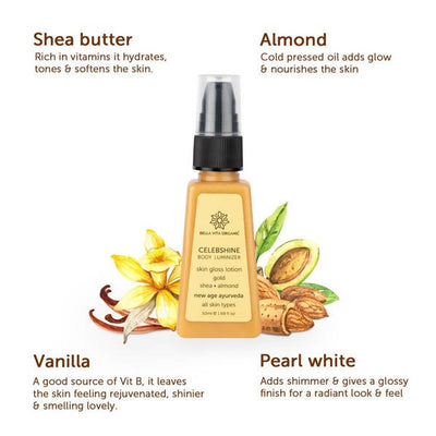 Bella Vita Organic Celeb Shine Body Luminizing Shimmer skin Gloss Lotion Gold Shea Butter Almond