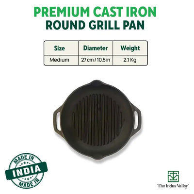 CASTrong Cast Iron Grill Pan, Round,Pre-seasoned, 100% Pure, Toxin-free, Induction, 27cm, 2.1kg